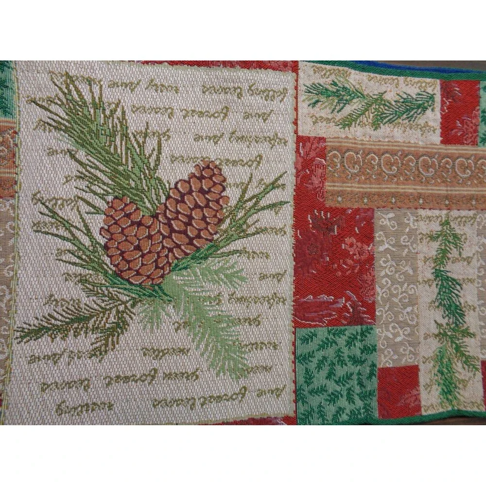Vintage Christmas Table Runner Pinecones Red Green Patchwork Look Weave 12x72
